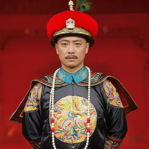 这位清朝官员戴着饰有孔雀羽毛的官帽，以显示其高官阶。
