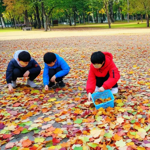孩子们在公园里收集落叶做手工。