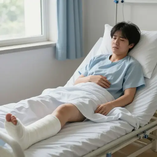 我腿骨折了并且肋骨疼痛，在那里待了两周。