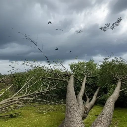 暴风雨带来了猛烈的狂风，吹倒了好几棵树。
