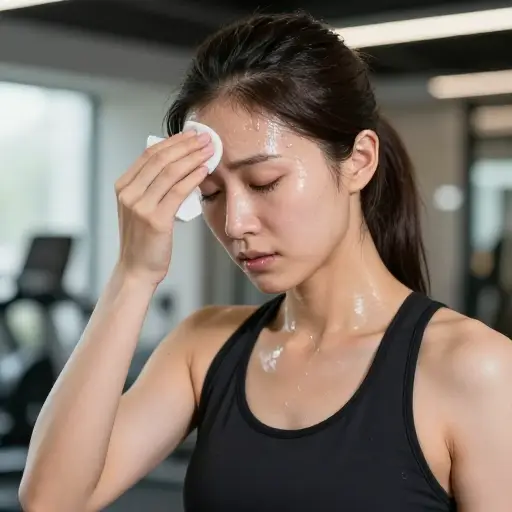 她擦去锻炼时从额头流下的汗水。
