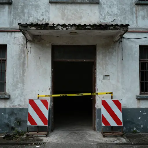 这座建筑不安全，所以他们立了一个牌子，上面写着“危险——禁止入内”。