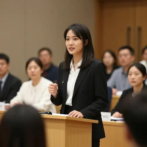 在辩论中，她以令人信服的论点成功成为关注的焦点。