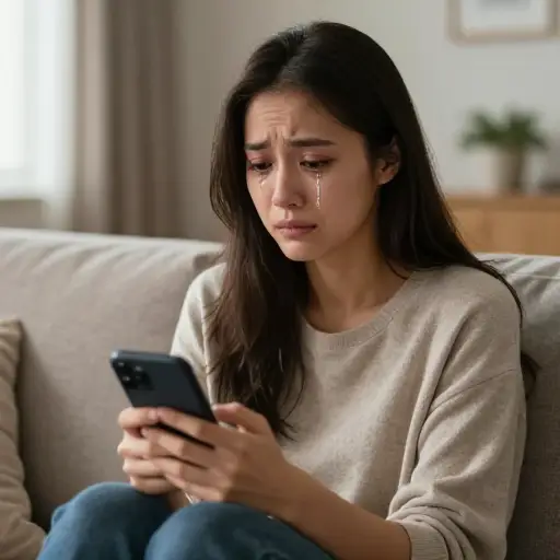 一听到这个悲伤的消息，她突然哭了起来。