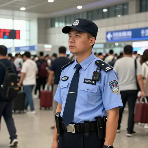 安全人员扫视着车站，寻找任何可疑活动。