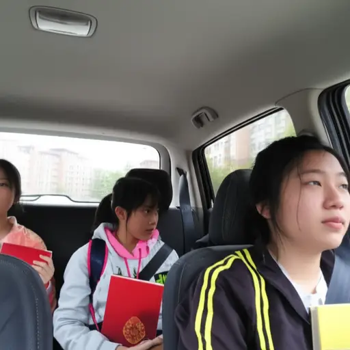 我们坐车去上学。