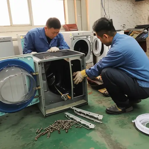 工人们正在拆解旧洗衣机以回收零件。