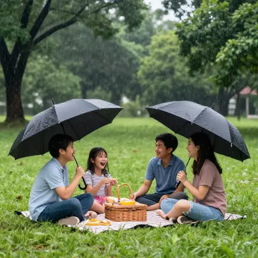 尽管天气下雨，他们对野餐依然情绪很好。