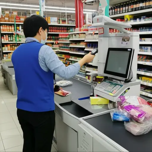 超市收银员用扫描仪读取商品条形码。
