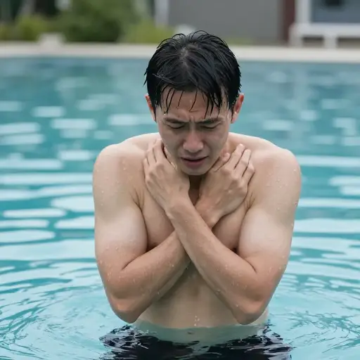 当他从水里出来时，他冷得发抖。