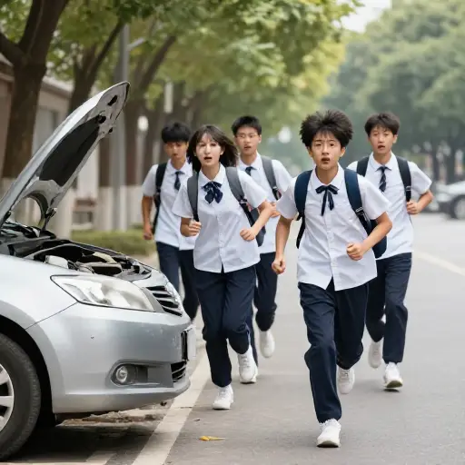 汽车启动不了，所以我们不得不一路跑到学校。
