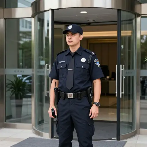 保安快速扫视入口处，寻找任何不寻常的活动。