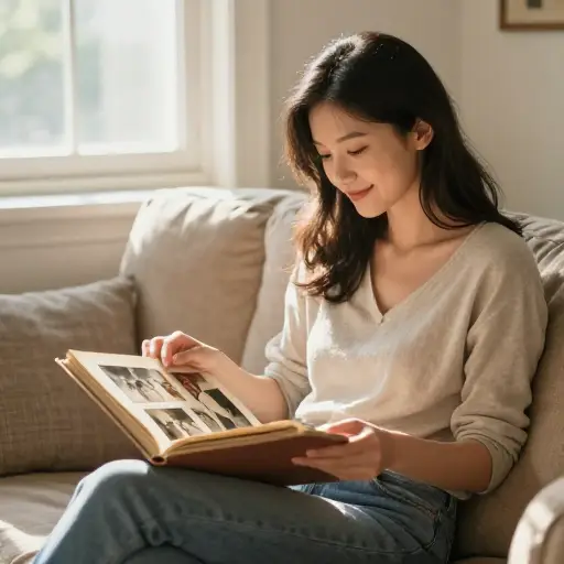 她喜欢翻阅旧相册来一段回忆漫步。