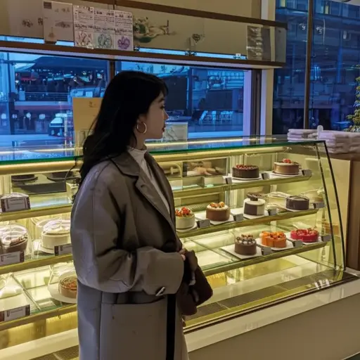 橱窗里展示的巧克力蛋糕让正在节食的她非常心动。