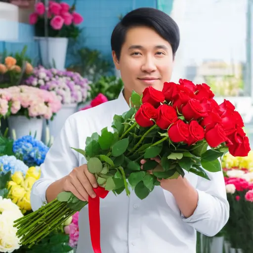 他给爱人买了一束玫瑰花。