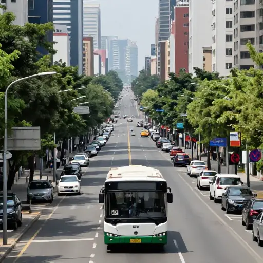 这条公交线路穿过市中心并延伸到更远的地方。