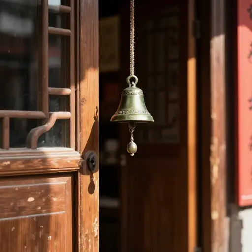 一个小青铜铃铛挂在商店门上方，每次有人进出都发出轻柔的叮当声。