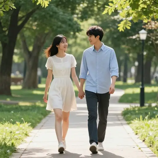 那对情侣在公园里散步，手指交错地手拉着手。