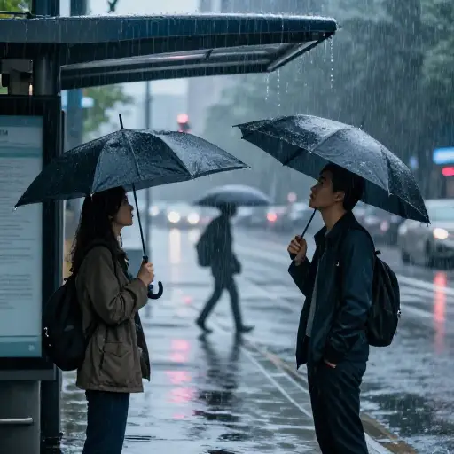 雨下得很大。我们在这里等一会儿好吗？