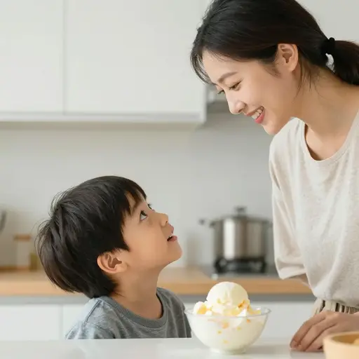 男孩问妈妈他能不能吃点冰淇淋。