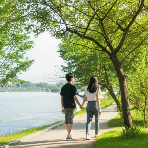 我们沿着湖边散步。