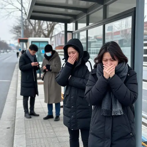 我们等公交车时，冰冷刺骨的风让我们直打哆嗦。