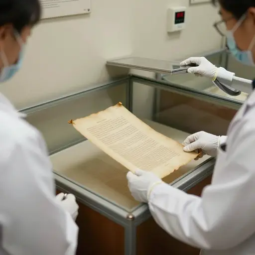 档案管理员将这件脆弱的中世纪羊皮纸放入密封的展示柜中以遏止进一步损坏。