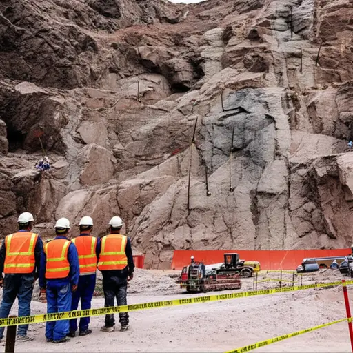 工人们正在用炸药爆破岩石，为新的公路开辟道路。