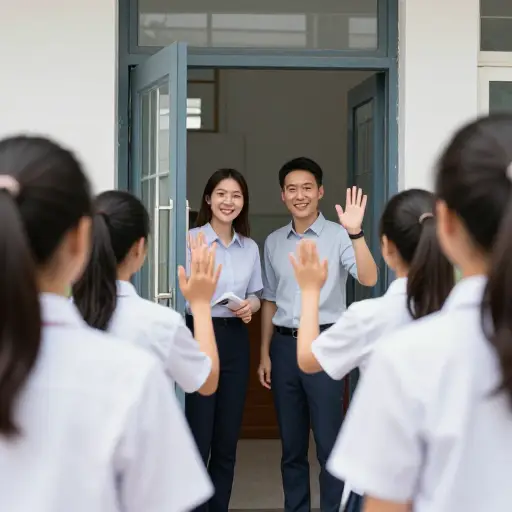 两位老师在那里迎接新来的人。