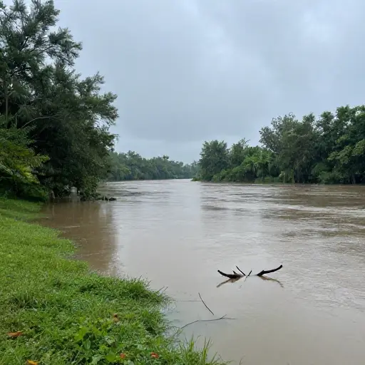 大雨过后，河水泛滥，淹没了河岸。