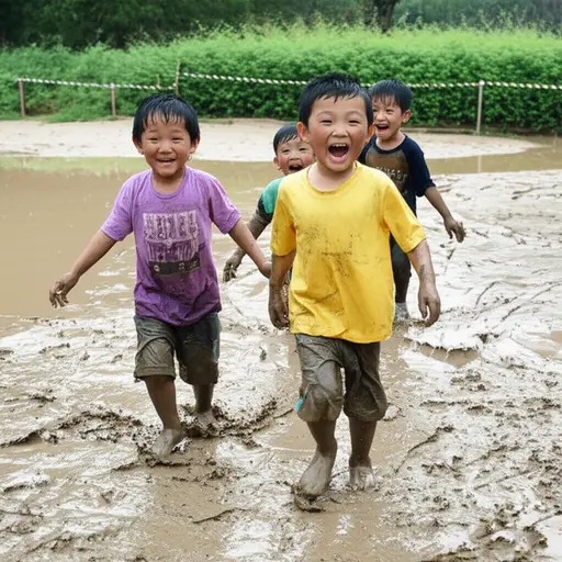 孩子们在泥泞的操场上滑行玩耍。