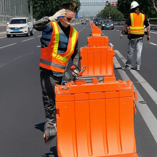 工人们在道路上设置了障碍物以防止车辆进入。