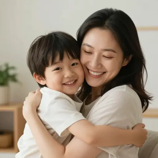 母亲紧紧地拥抱了她的孩子。