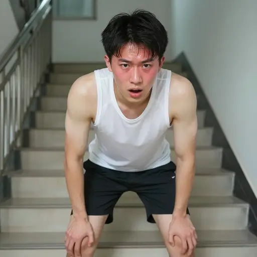 跑上楼梯后，他气喘吁吁。