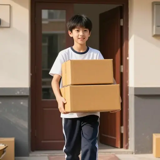 那个帮助我搬箱子的男孩是我的邻居。