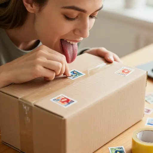 她舔了舔邮票，然后把它们贴在包裹上。