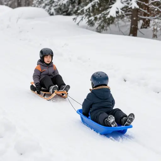孩子们在雪地里玩得很开心，他们正在滑雪橇。