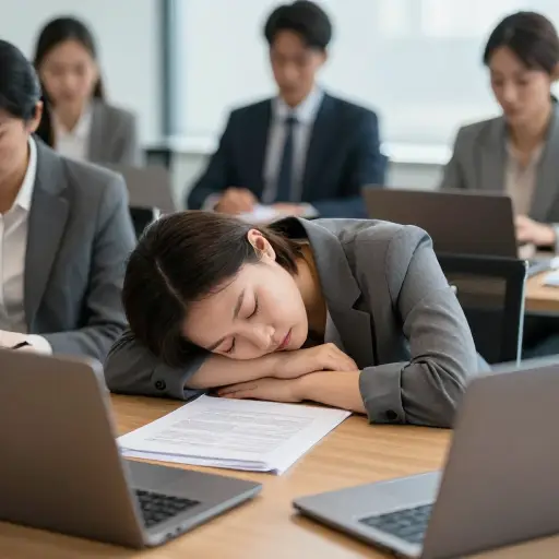 因为她前一晚没睡，所以在会议上感到筋疲力尽。