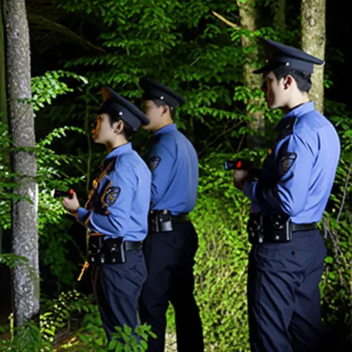 警察在森林里仔细搜寻失踪的徒步旅行者。