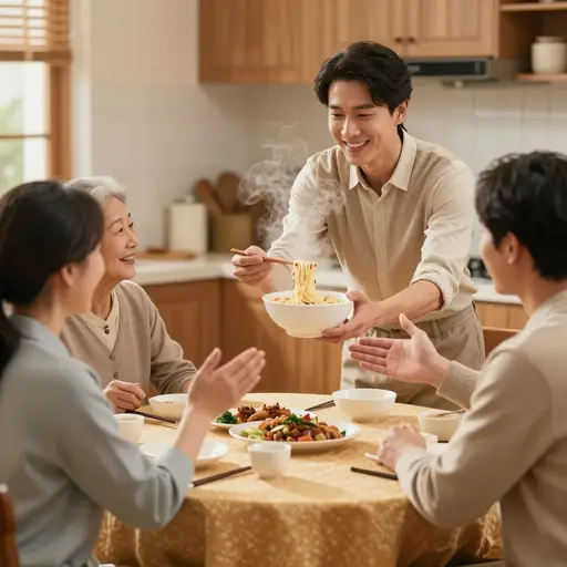 “要来点面条吗？” “不用了，谢谢。”