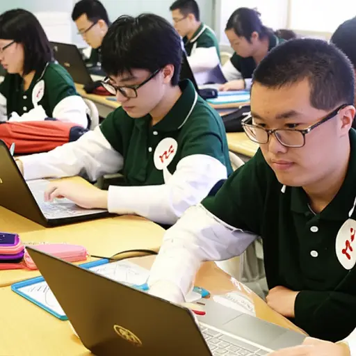 许多学生在学校使用笔记本电脑。