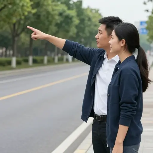 他指向她的方向来指示道路。