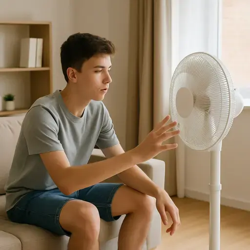 风扇在炎热的夏日里给房间降温。