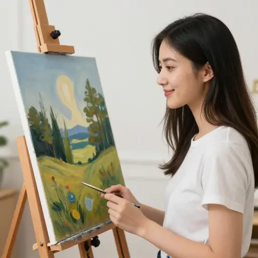她满意地看着完成的画。