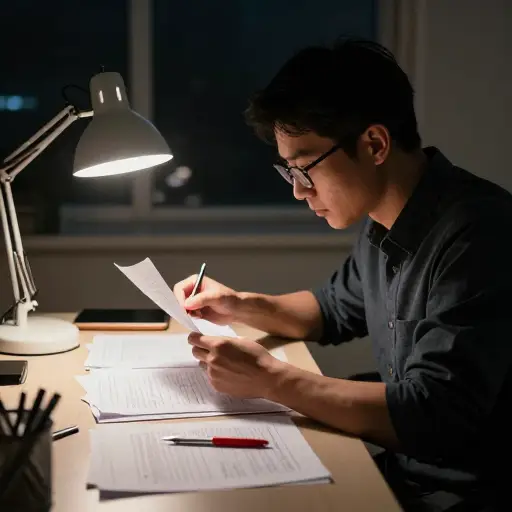 老师熬夜批改期末考试卷。