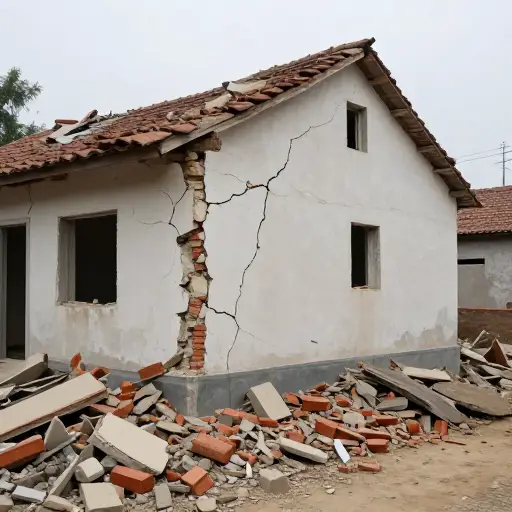 地震中墙壁开裂，屋顶坍塌。