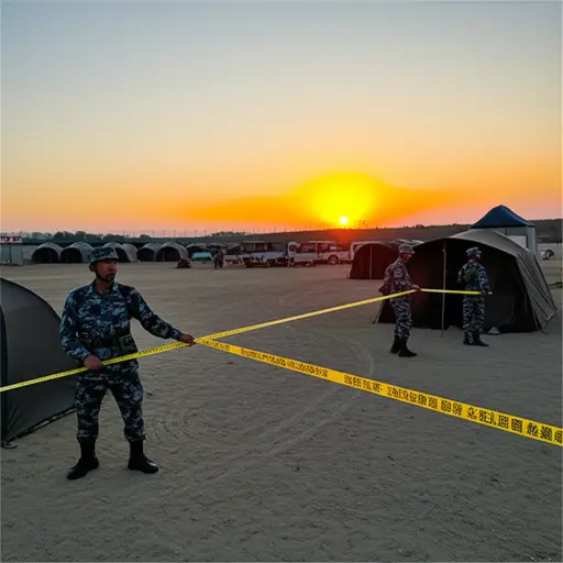 士兵们在营地周围设置了警戒线。