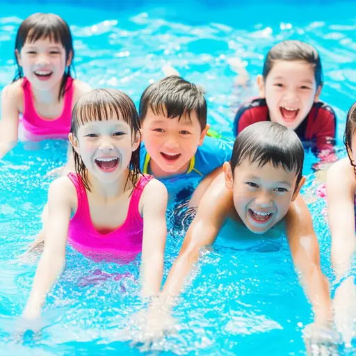 孩子们在泳池里上下漂浮，玩得很开心。