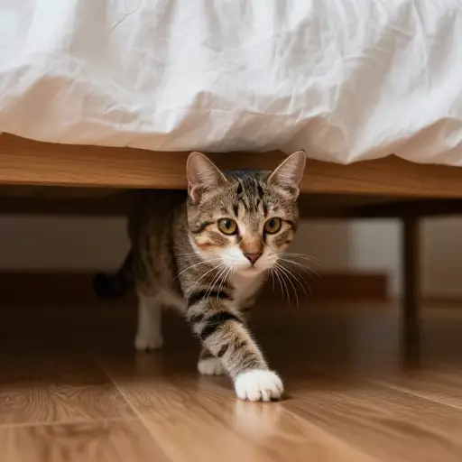 猫听到声音后从床下快速窜出。