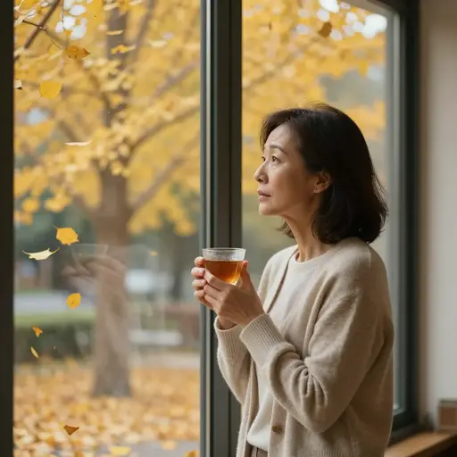 看着秋叶飘落地面，一阵忧伤涌上她的心头。